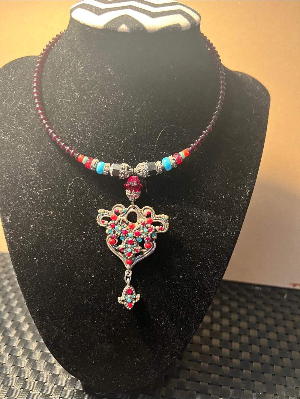 F.A.I.T.H Handcrafted Multicolor Beaded Pendant Necklace - Red & Turquoise